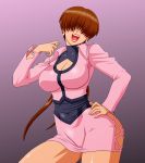 breasts brown_hair cleavage cleavage_cutout contrapposto cropped_jacket earrings hair_over_eyes hand_on_hip highres jewelry king_of_fighters large_breasts laughing leotard long_hair makani_kohitujito miniskirt open_mouth shermie skirt solo split_ponytail twintails 