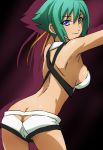  aquarion_(series) aquarion_evol ass back breasts butt_crack green_hair haruyama looking_at_viewer purple_eyes short_hair short_shorts shorts sideboob smile solo thighs violet_eyes zessica_wong 