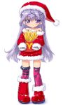  blue_eyes blue_hair blush boots busou_shinki dd_(artist) doll_joints french_fries hands_in_sleeves hat long_hair long_sleeves mcdonald&#039;s mcdonald's santa_hat simple_background spiked_leg_band 