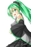  :d alternate_hairstyle bare_shoulders breasts detached_sleeves green_eyes green_hair hair_ornament hatsune_miku high_heels kyon_(fuuran) lipstick long_hair looking_at_viewer makeup open_mouth simple_background skirt smile solo twintails very_long_hair vocaloid white_background yukimi_dango 