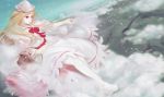  basket blonde_hair bow capelet cherry_blossoms cloud clouds dress flower flying hat highres jq lily_white long_hair mary_janes pantyhose petals red_eyes ribbon shoes solo touhou white_legwear 
