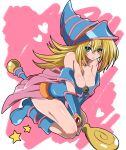  bare_shoulders between_legs blonde_hair blush_stickers boots breasts choker cleavage dark_magician_girl duel_monster green_eyes hat heart kneeling large_breasts long_hair parted_lips pentacle solo staff star wizard_hat yu-gi-oh! yuu-gi-ou yuu-gi-ou_duel_monsters yuuka 