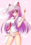  animal_ears between_breasts blush breasts bunny_ears carrot impossible_clothes impossible_shirt large_breasts long_hair looking_at_viewer navel necktie osashin_(osada) panties purple_hair rabbit_ears red_eyes reisen_udongein_inaba shiny shiny_skin side-tie_panties smile solo striped striped_panties touhou underwear 