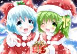  :d ;d alternate_costume blue_eyes blue_hair bow cirno daiyousei fairy green_eyes green_hair hair_bow hair_ribbon hat ice ice_wings komiru looking_at_viewer multiple_girls open_mouth ribbon santa_costume santa_hat side_ponytail smile snow snowflakes touhou wings wink 