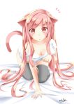  all_fours animal_ears black_legwear breasts cat_ears cat_tail catstudio_(artist) cleavage collarbone fang highres long_hair looking_at_viewer naked_shirt off_shoulder open_mouth original pink_eyes pink_hair puni_(miku_plus) shirt solo tail thigh-highs thighhighs very_long_hair white_shirt 