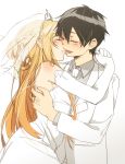  1girl asuna_(sao) black_hair brown_hair closed_eyes couple dress eyes_closed formal gloves groom hug kirito long_hair necktie sasami_(ponpokodannsu) short_hair suit sword_art_online tears veil wedding wedding_dress 