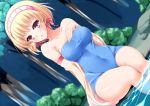 :o bare_shoulders blonde_hair blush breasts collarbone hairband one-piece_swimsuit original red_eyes short_hair sitting solo swimsuit tree water wide_hips yatt83 