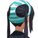  black_hair blue_panties bow bow_panties close-up from_behind k-on! nakano_azusa object_on_head panties panties_on_head simple_background solo striped striped_panties twintails underwear watanore white_background 