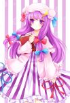  book bow crescent dress hair_bow hat long_hair nikoo patchouli_knowledge purple_eyes purple_hair ribbon solo striped striped_background striped_dress touhou vertical_stripes violet_eyes 