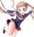  asahi_(ge_nyu) blonde_hair blue_eyes blush chuunibyou_demo_koi_ga_shitai! dekomori_sanae hair_weapon highres holding_hair kneehighs leg_up long_hair plaid ribbon school_uniform skirt smile solo twintails very_long_hair white_background 