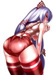  ass bad_anatomy bare_shoulders bent_over bow finger_to_mouth from_behind fujiwara_no_mokou hair_bow highres long_hair looking_back norennukarumi nukarumi_noren red_eyes shorts silver_hair simple_background sleeveless solo striped striped_legwear suspenders sweat thigh-highs thighhighs touhou very_long_hair white_background 