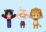  absurdres ahoge animal_ears arcueid_brunestud black_hair blonde_hair blush cat_ears cat_paws embarrassed fate/stay_night fate_(series) green_eyes highres jacket kara_no_kyoukai multiple_girls open_mouth outstretched_arms pantyhose paws red_jacket ryougi_shiki saber saber_lion shin_(shinobu40) short_hair skirt smile spread_arms tsukihime type-moon 