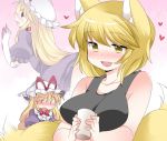  animal_ears blonde_hair blush bow collarbone fox_ears fox_tail hammer_(sunset_beach) hat hat_ribbon heart multiple_girls multiple_tails open_mouth puffy_sleeves ribbon short_hair short_sleeves sleeveless sweatdrop tail touhou yakumo_ran yakumo_yukari yellow_eyes 