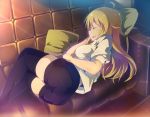  ahoge ass black_legwear blonde_hair breasts couch hoshii_miki idolmaster long_hair lying on_side pillow shift_(0808) shirt shorts sleeping solo sunbeam sunlight thigh-highs thighhighs white_shirt 