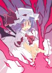  :d bat_wings blue_hair fang hat hat_ribbon looking_at_viewer open_mouth outstretched_arm red_eyes remilia_scarlet ribbon satoukibi smile solo spear_the_gungnir touhou wings 