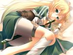  between_breasts blonde_hair bracelet elf green_eyes highres jewelry leafa long_hair lying on_side pastel-pastel pointy_ears ponytail sheath sheathed shorts single_thighhigh solo sword sword_art_online thigh-highs thighhighs weapon 