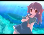  blush brown_hair collarbone dress fish kuronekogata letterboxed long_hair looking_at_viewer original red_eyes smile solo v whale 