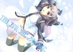  backpack bag black_legwear brown_hair dangan_ronpa hair_ornament hairclip hoodie jumping midriff nanami_chiaki navel open_mouth school_uniform short_hair skirt solo super_dangan_ronpa_2 tamo_(tamokuteki_kuukan) thigh-highs thighhighs 