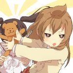  attack blazer brown_eyes brown_hair fujioka-kuma minami-ke minami_chiaki minami_kana school_uniform serafuku stuffed_animal stuffed_toy teddy_bear topknot twintails 