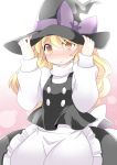  apron blonde_hair blush bow hammer_(sunset_beach) hat hat_bow kirisame_marisa long_hair long_sleeves solo touhou white_background witch_hat yellow_eyes 