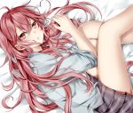  ahoge jukuo long_hair lying on_side original red_eyes red_hair redhead shirt skirt sleeves_rolled_up solo 