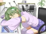  ahoge breasts closed_eyes contemporary detached_sleeves eraser eyes_closed frog_hair_ornament green_hair hair_ornament japanese_clothes kisetsu_kinoko kochiya_sanae large_breasts long_hair mechanical_pencil miko miniskirt notebook office_chair pencil pencil_case skirt sleeping solo thigh-highs thighhighs touhou white_legwear 