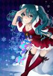  boots breasts christmas cleavage gift hatsune_miku highres hiragi_(japan1192) snowflakes solo vocaloid 