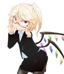  alternate_costume bacho bespectacled black_legwear blonde_hair flandre_scarlet glasses office_lady pantyhose pointy_ears red_eyes side_ponytail simple_background slit_pupils solo touhou white_background wings 