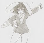  animal_ears arm_up blush_stickers bunny_ears hand_on_hip inaba_tewi kasuga_yukihito monochrome musical_note no_pants open_mouth panties rabbit_ears scarf short_hair sketch smile solo striped striped_scarf touhou underwear 