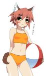  animal_ears ball beachball blush copyright_request extra_ears flat_chest short_hair simple_background solo swimsuit tail tonbi translated translation_request white_background 