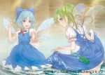  :d bloomers blue_eyes blue_hair cirno daiyousei dress dress_lift egawa_satsuki frog green_hair ice ice_wings multiple_girls open_mouth outstretched_arm partially_submerged short_hair side_ponytail smile touhou water wings 