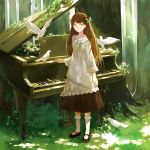  aqua_eyes bird bow brown_hair cotta dress floral_print flower forest frilled_legwear grass hair_bow instrument leaf long_hair mary_janes nature original outdoors overgrown piano plant rose shoes socks solo standing tree vines white_legwear 