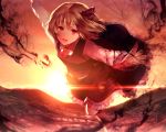  :d blonde_hair darkness hair_ribbon highres leg_up lens_flare looking_at_viewer open_mouth outstretched_arms red_eyes ribbon rumia skirt sky smile solo spread_arms sunakumo sunbeam sunlight sunrise sunset touhou 
