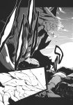  comic copyright_request forest giant_monster highres hokuto_(scichil) monochrome monster mountain nature no_humans sunset 