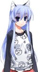  animal_ears bell blue_eyes blue_hair copyright_request earrings jewelry jingle_bell long_hair looking_at_viewer lowres raglan_sleeves simple_background solo tonbi white_background 