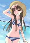  bikini blue_sky brown_eyes brown_hair character_request copyright_request grin hijikini idolmaster imai_asami jewelry long_hair looking_at_viewer necklace ocean seiyuu sky smile solo striped striped_bikini striped_swimsuit swimsuit v wink 