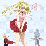  ahoge alphonse_elric armor blonde_hair blush braid coat covering covering_crotch edward_elric fullmetal_alchemist long_hair open_mouth pleated_skirt ponytail skirt tsukuda0310 wavy_mouth wind_lift winry_rockbell 