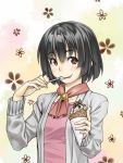  :p ascot black_hair brown_eyes cardigan copyright_request eating floral_background food ice_cream ice_cream_cone kasei_(xyz) short_hair solo spoon tongue 