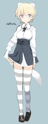  animal_ears blonde_hair blue_eyes blush nikka_edvardine_katajainen shimada_fumikane short_hair solo strike_witches striped striped_legwear tail thigh-highs thighhighs zettai_ryouiki 