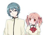  1girl blue_eyes blue_hair blush genderswap hair_ornament hair_ribbon hairclip kaname_madoka mahou_shoujo_madoka_magica miki_sayaka pink_eyes pink_hair ribbon runamatu school_uniform short_twintails sleeve_tug smile twintails 