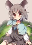  :&lt; animal_ears blush capelet dress grey_hair jewelry mouse_ears mouse_tail nazrin necklace red_eyes short_hair sitting solo tail takashiru touhou 