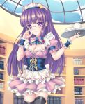  1girl alternate_costume black_legwear blush book bookshelf bow breasts cleavage crescent cup dress enmaided female fred0092 glasses hair_bow highres long_hair maid maid_headdress patchouli_knowledge purple_eyes purple_hair solo teacup thigh-highs thighhighs touhou tray violet_eyes 