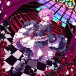  ankle_cuffs bespectacled black_legwear checkered checkered_floor curtains dress flower glasses hairband heart komeiji_satori nikka_(cryptomeria) open_mouth pantyhose petals pink_eyes pink_hair sleeves_past_wrists solo stairs third_eye touhou wind 