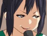  1girl black_hair brown_eyes close-up k-on! microphone nakano_azusa parody parted_lips smirk solo twintails watanore 