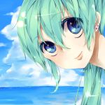 2743haebaru blue_eyes cloud clouds earrings face green_hair hatsune_miku jewelry sky solo vocaloid water 