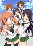  5girls :&lt; adjusting_hair akiyama_yukari black_hair breasts brown_hair girls_und_panzer hairband hand_on_hip hime_cut isuzu_hana kazuchi long_hair multiple_girls nishizumi_miho open_mouth orange_hair reizei_mako school_uniform serafuku short_hair smile takebe_saori thigh-highs v zettai_ryouiki 