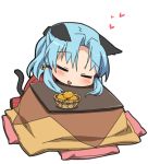  animal_ears blue_hair blush cat_ears cat_tail closed_eyes copyright_request eyes_closed food fruit heart kotatsu lowres orange short_hair simple_background smile solo table tail tonbi white_background 