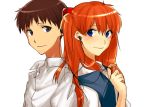  1girl asukasukisuki black_eyes blue_eyes blush brown_hair couple earbuds earphones ikari_shinji kurumiya_hato long_hair neon_genesis_evangelion orange_hair school_uniform shared_earphones short_hair smile soryu_asuka_langley souryuu_asuka_langley 