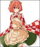  apron bell checkered hair_bell hair_ornament jingle_bell motoori_kosuzu open_mouth red_eyes red_hair redhead s-syogo shikishi short_hair simple_background skirt solo touhou white_background wide_sleeves 