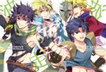  blonde_hair blue_eyes blue_hair blue_jacket caesar_anthonio_zeppeli dio_brando fingerless_gloves gloves headband hip_bones jacket jojo_no_kimyou_na_bouken jonathan_joestar joseph_joestar_(young) multiple_boys posing purple_hair red_eyes satoushiota scarf side_cutout stone_mask stone_mask_(jojo) 